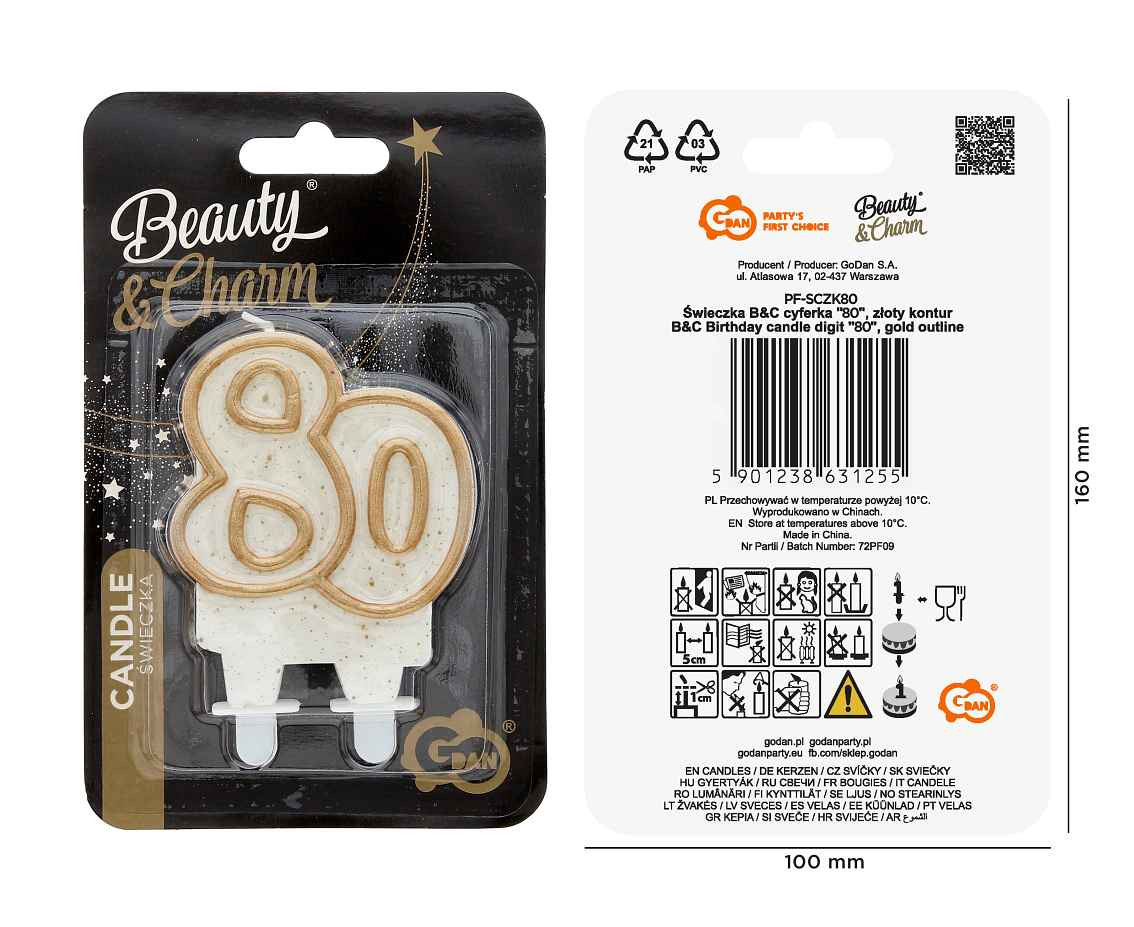 Double digit candle "80", gold outline, 8 cm